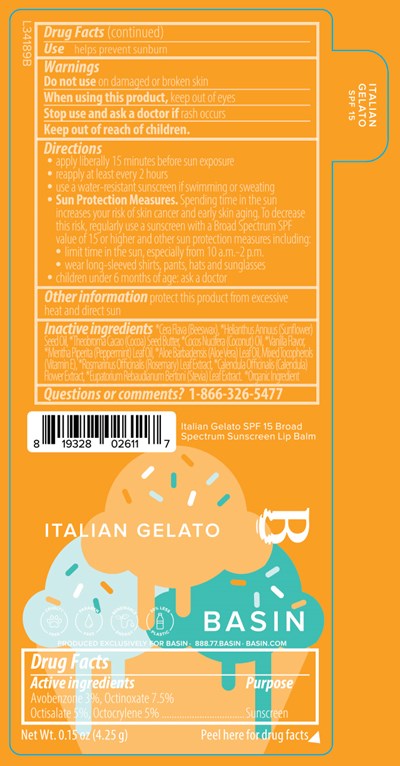 Basin Italian Gelato Spf 15 Broad Spectrum Sunscreen Lip Balm 0.15 Oz Label (L34189b Pl905s Basin Epcot Vanilla Mint Spf 15 Broad Spectrum Sunscreen Lip Balm 2023 1 31 Ol)